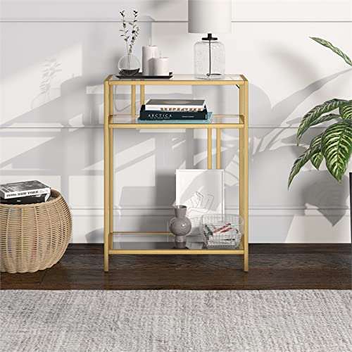 22" Wide Rectangular Console Table with Glass Shelves in Brass, Entryway Table