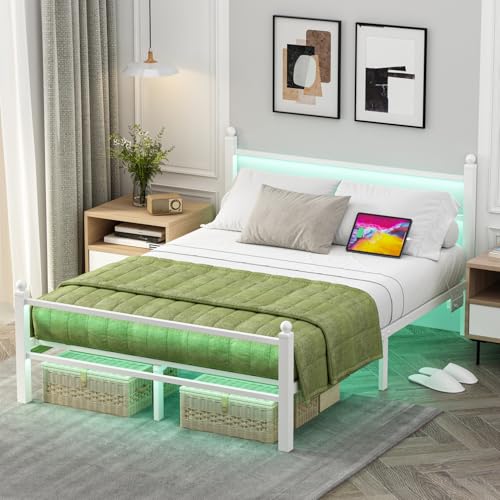 Full Size Metal Bed Frame with LED Lights & Charging Station - White