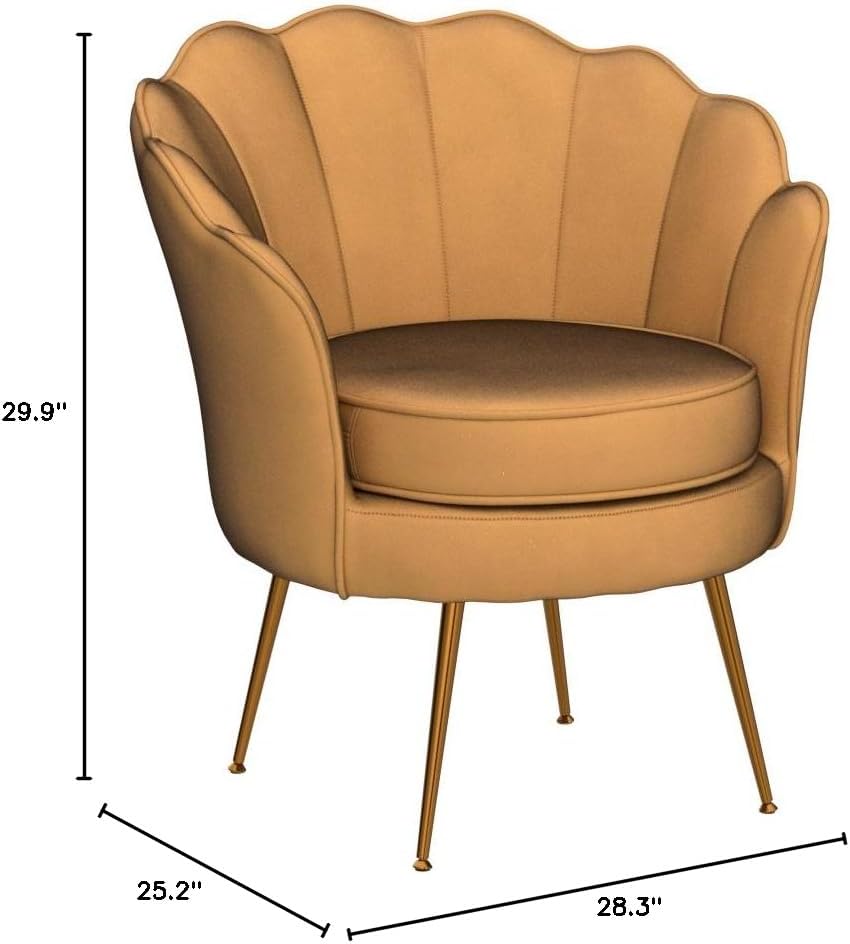 Container Furniture Direct Velvet Barrel Accent Chair with Scalloped Silhouette and Gold Metal Legs, Decorative Piece Suitable for Traditional, Modern, and Contemporary Spaces, Mustard Yellow