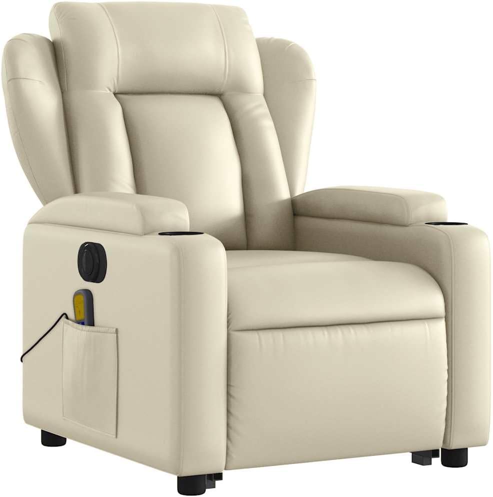 Massage Recliner Chair - Cream Faux Leather, Stand-Up Lift, Reclining, Vibration, Cup Holders