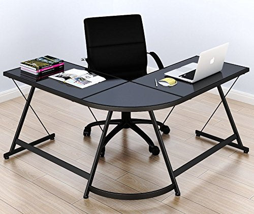 Gaming Desk Computer L-Shape Corner Studio Table, Black, Glass Top