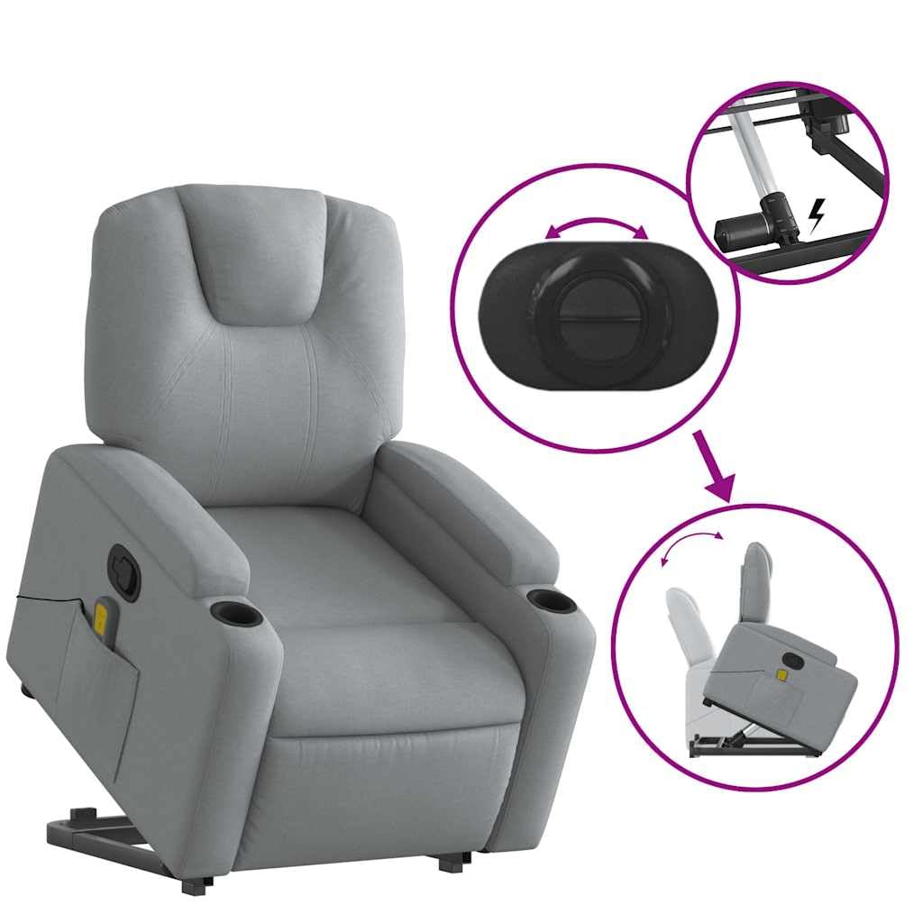 Fabric Stand Up Massage Recliner Chair - Power Lift, Manual Recline, Vibration Massage, Cup Holders, Light Gray