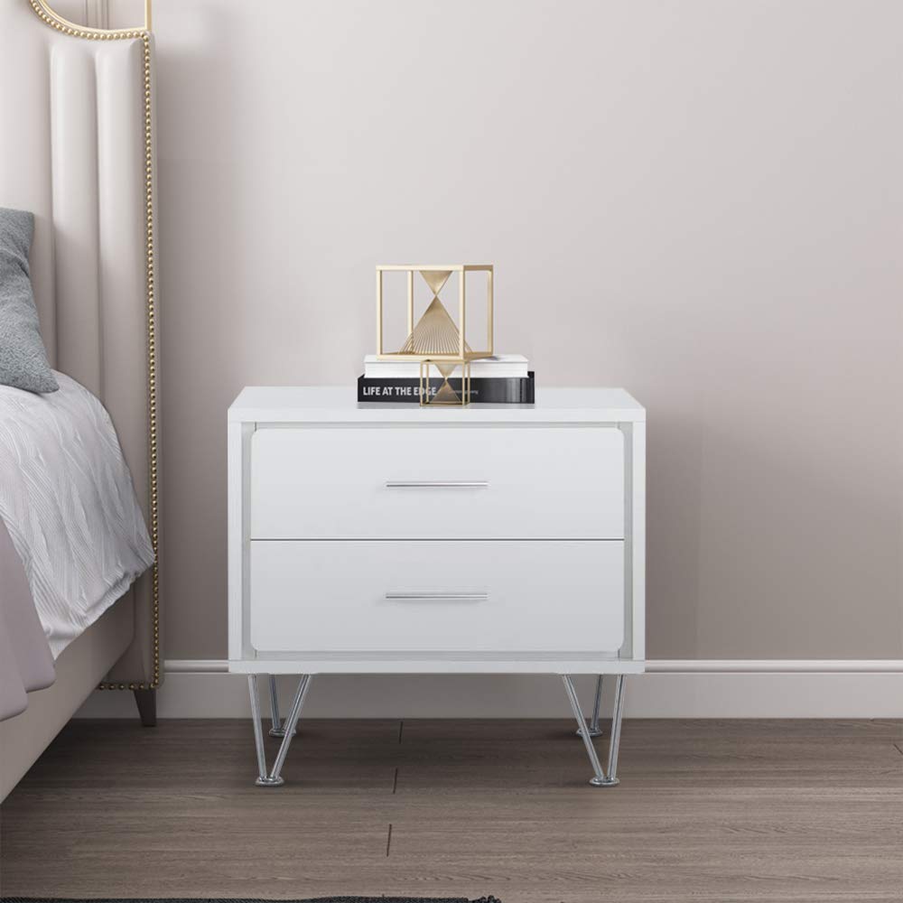 Goujxcy White Side Table, 2-Drawer Wood Nightstand with Metal Leg,20" Lx 16" W x 18" H