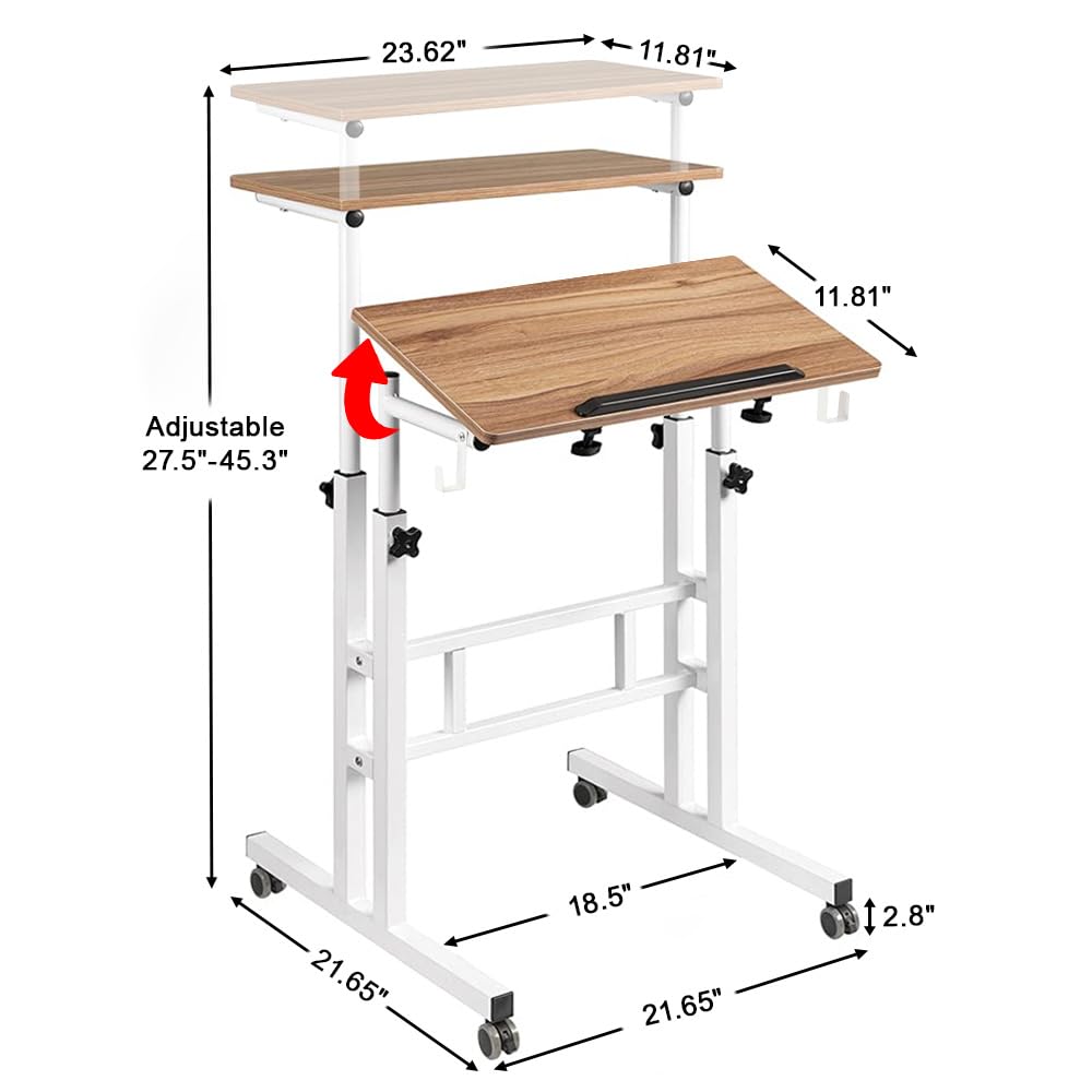SIDUCAL Small Standing Desk, Portable Stand Up Desk, Height Adjustable Mobile Standing Desk Converter with Wheels Computer Workstations, Rolling Desk Laptop Cart for Standing or Sitting, Vintage Oak
