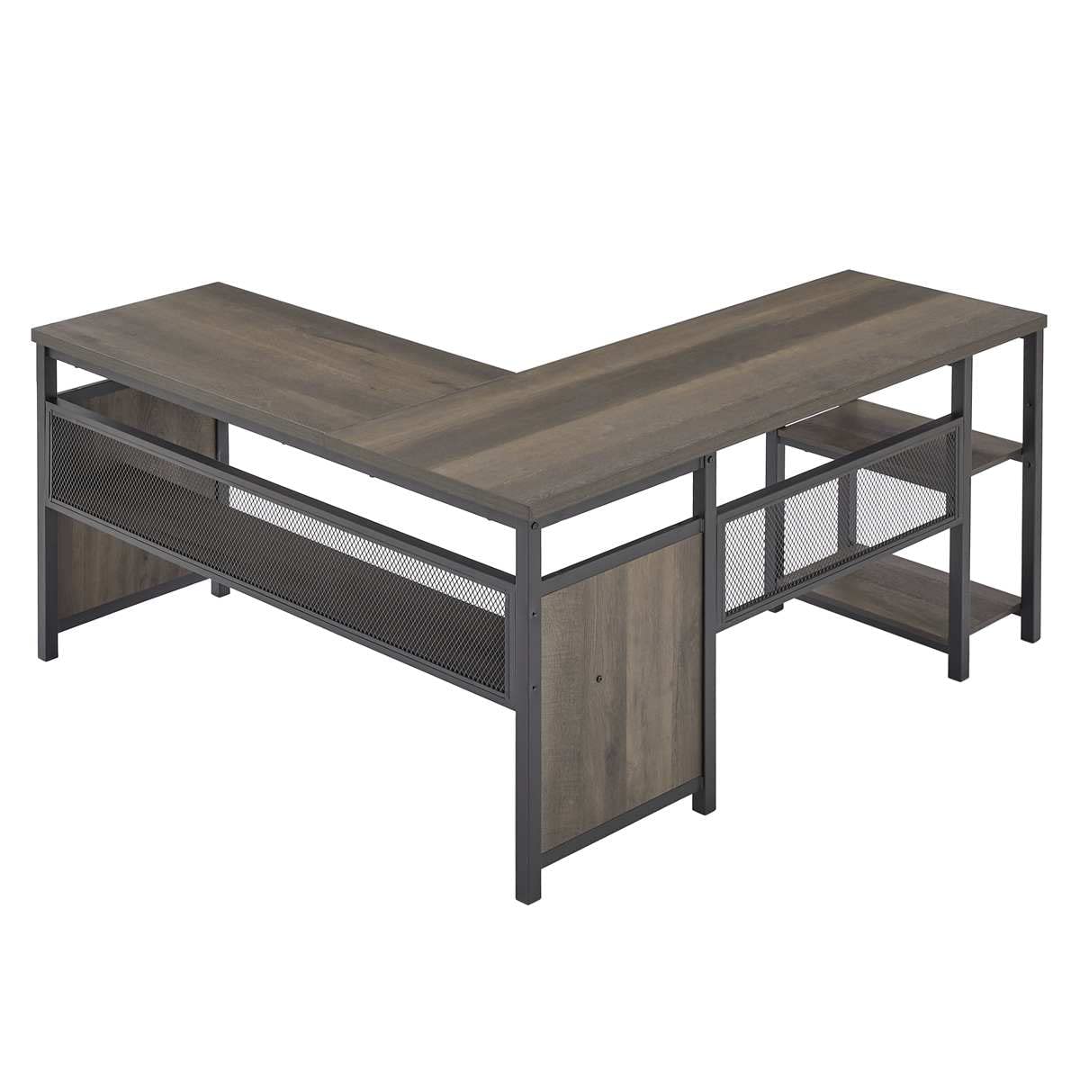 Shaped Computer Desk with Wood Shelves, Industrial Reversible Home Office Corner Desk