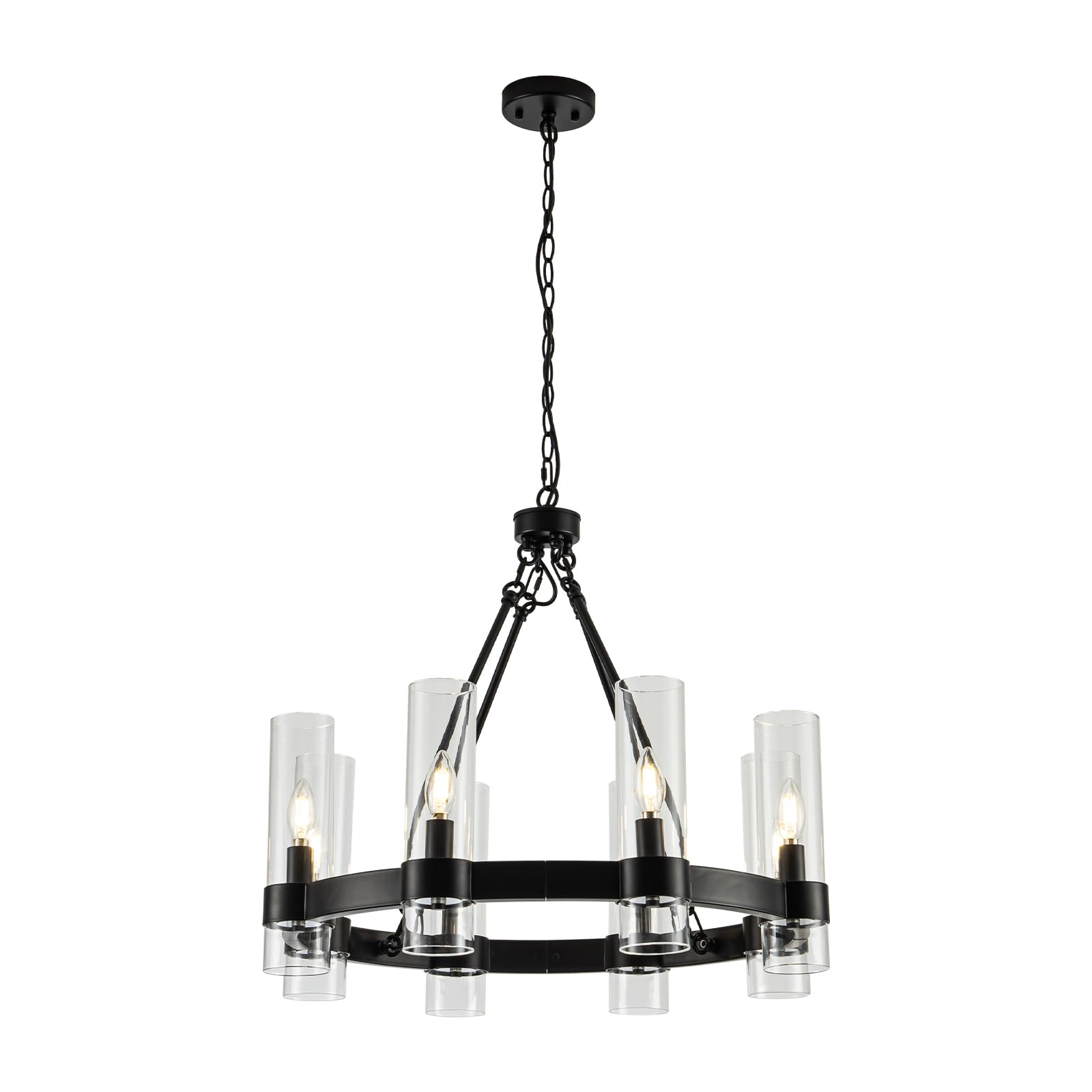 26 Inch Black Wagon Wheel Chandelier with Glass Shade, 8 Lights