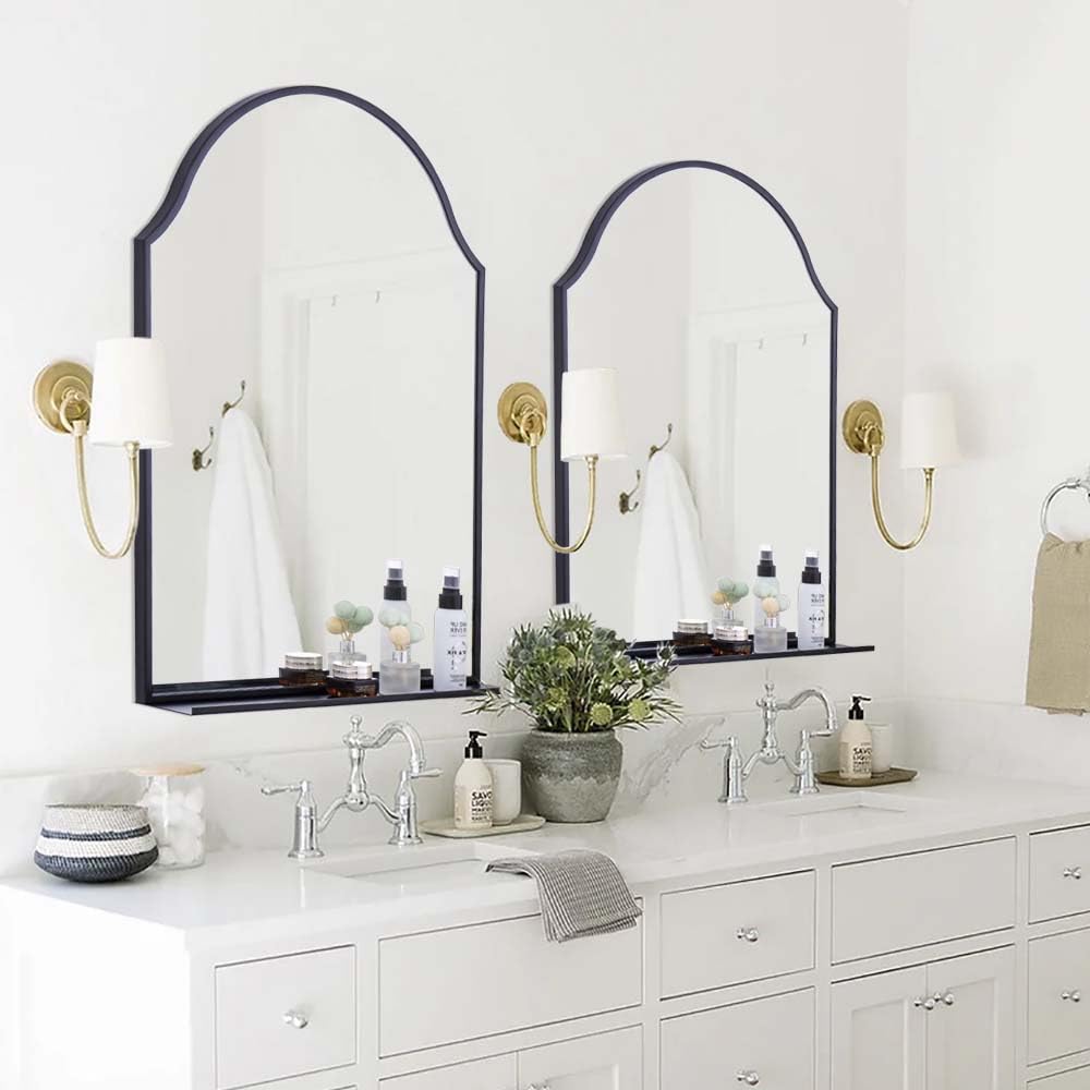 30x20 Black Arch Mirror with Shelf - Matte Metal Frame Wall Mirror