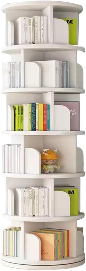 6 Tier Rotating Bookcase,360°Display Wood Round Bookshelf, Corner Bookshelf for Small