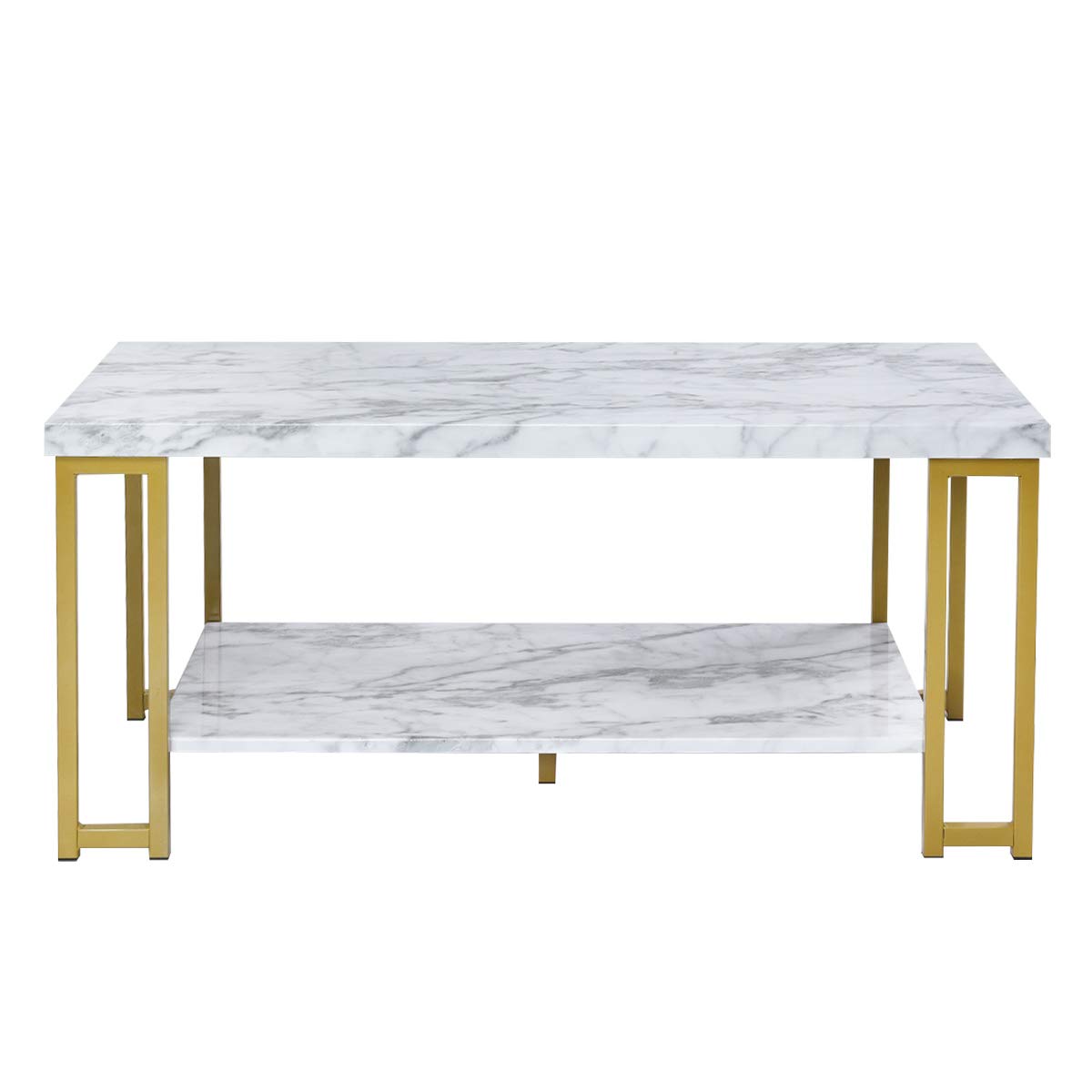 2-Tier White Marble Coffee Table, Rectangular Faux Marble Coffee Table with Storage Shelf, Sturdy Gold-