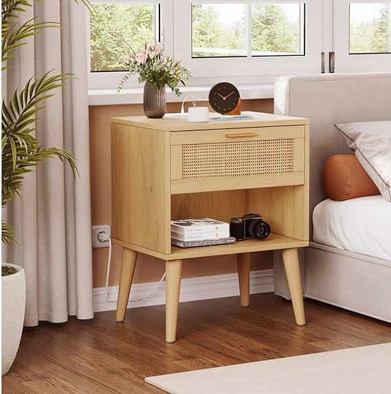 Nightstands Set of 2, Night Stands with Charging Station & Rattan Drawer, Boho Style Bed