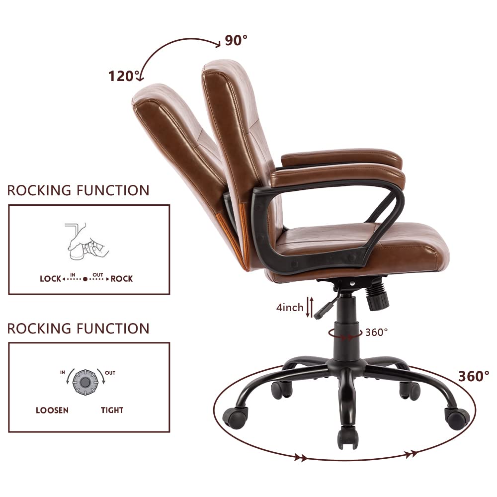 Brown Leather Ergonomic Office Chair - Mid Back with Armrests