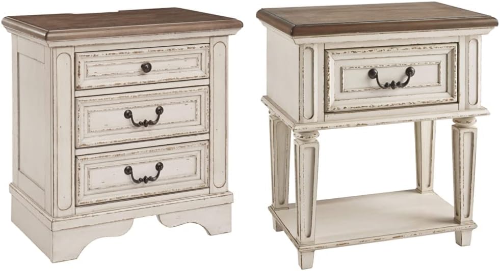 Realyn French Country 3 Drawer Nightstand, Chipped White & Realyn Traditional Cottage