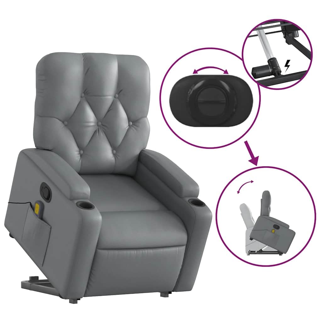 Gray Faux Leather Power Lift Massage Recliner - Electric Stand-Up Assist, Manual Tilt,