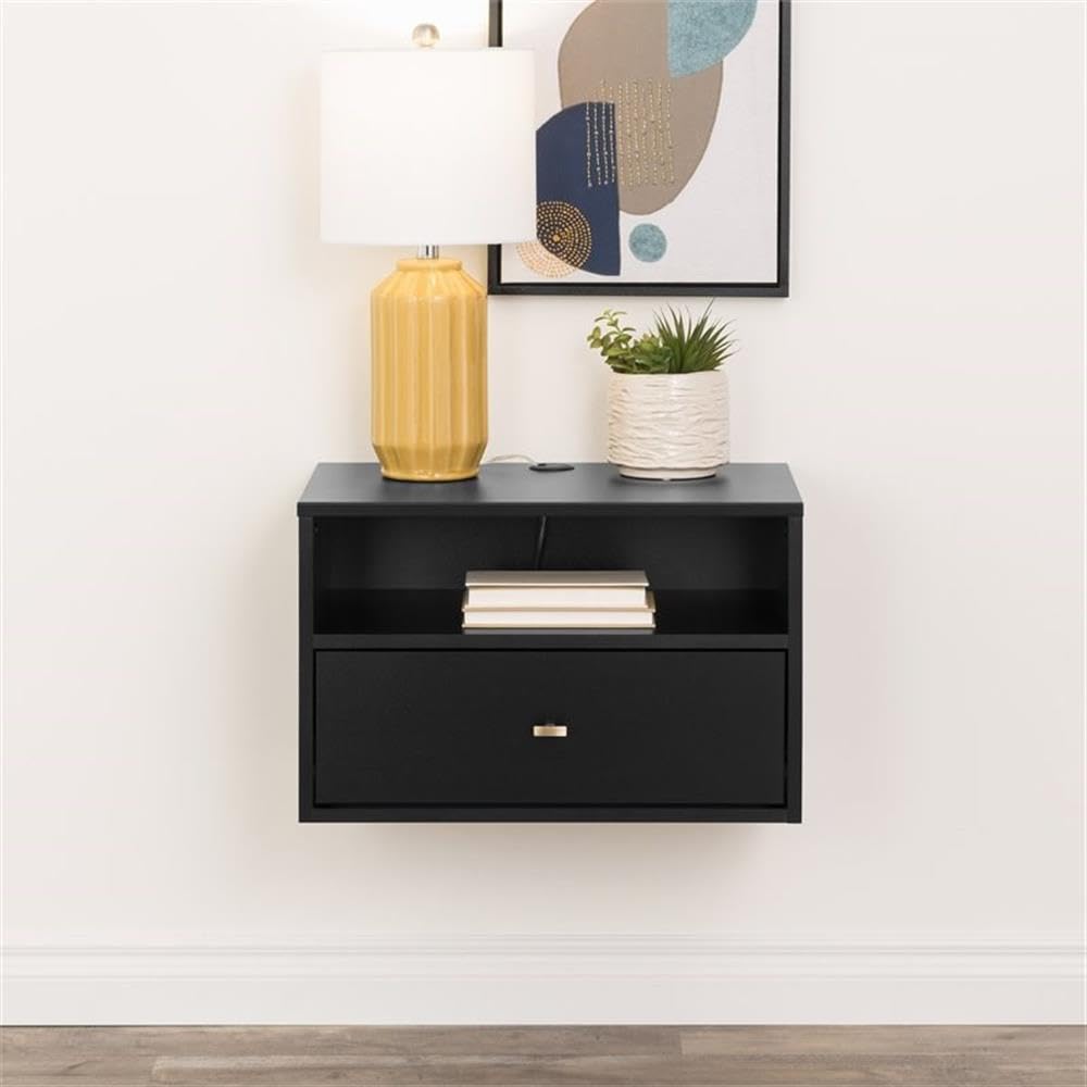 Prepac Transitional 1 Drawer Floating Nightstand with Open Shelf, Wall Mounted Nightstand, Contemporary Bedroom Furniture, 15"D x 22.5"W x 14.5"H, Black