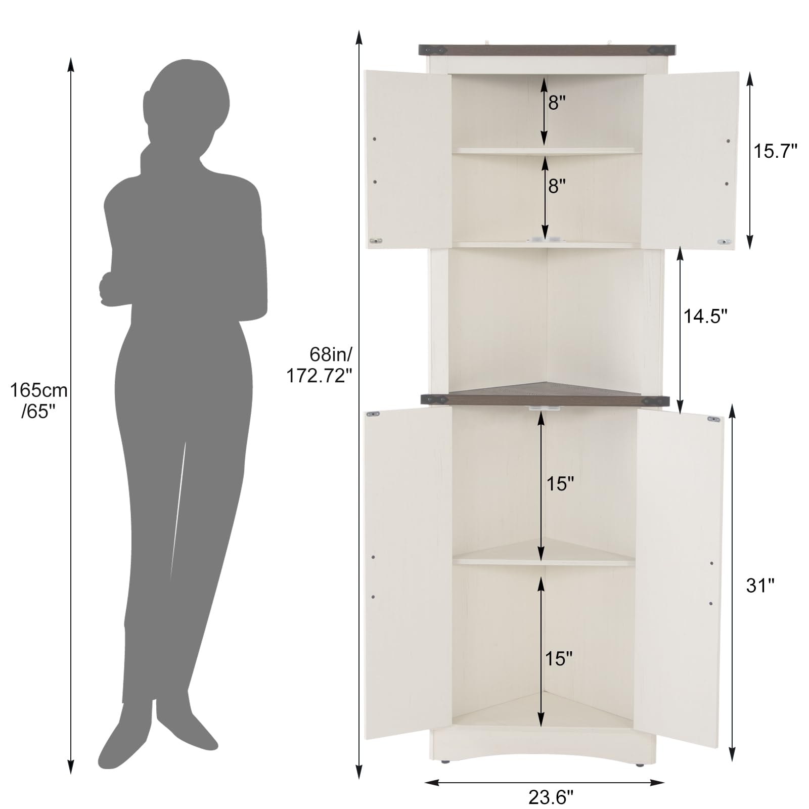 68" Tall Farmhouse Corner Cabinet, 5-Tier Storage Cabinet with 4 Barn Doors & Adjustable