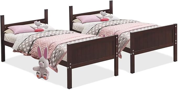 Twin Bunk Beds with Ladder and Safety Rail, Rubber Wood Bunk Bed Convertible Into 2 Single Beds for Kid