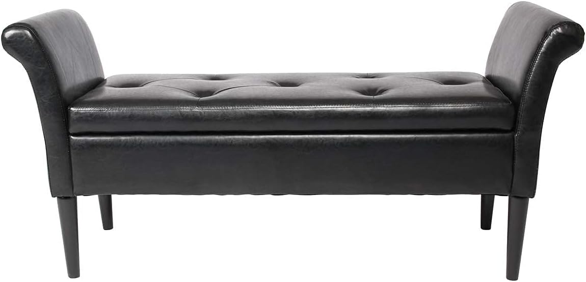 Black Faux Leather Storage Ottoman Bench with Arms PU Upholstered Tufted Storage Benches for Bedroom Entryway Living Room