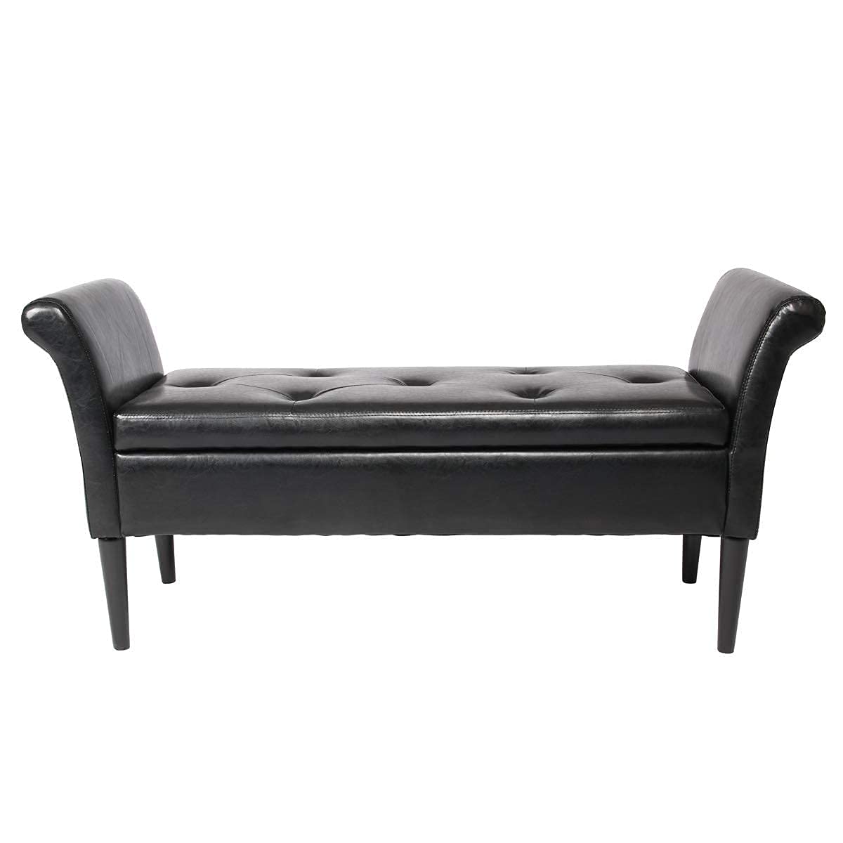 Black Faux Leather Storage Ottoman Bench with Arms PU Upholstered Tufted Storage Benches for Bedroom Entryway Living Room