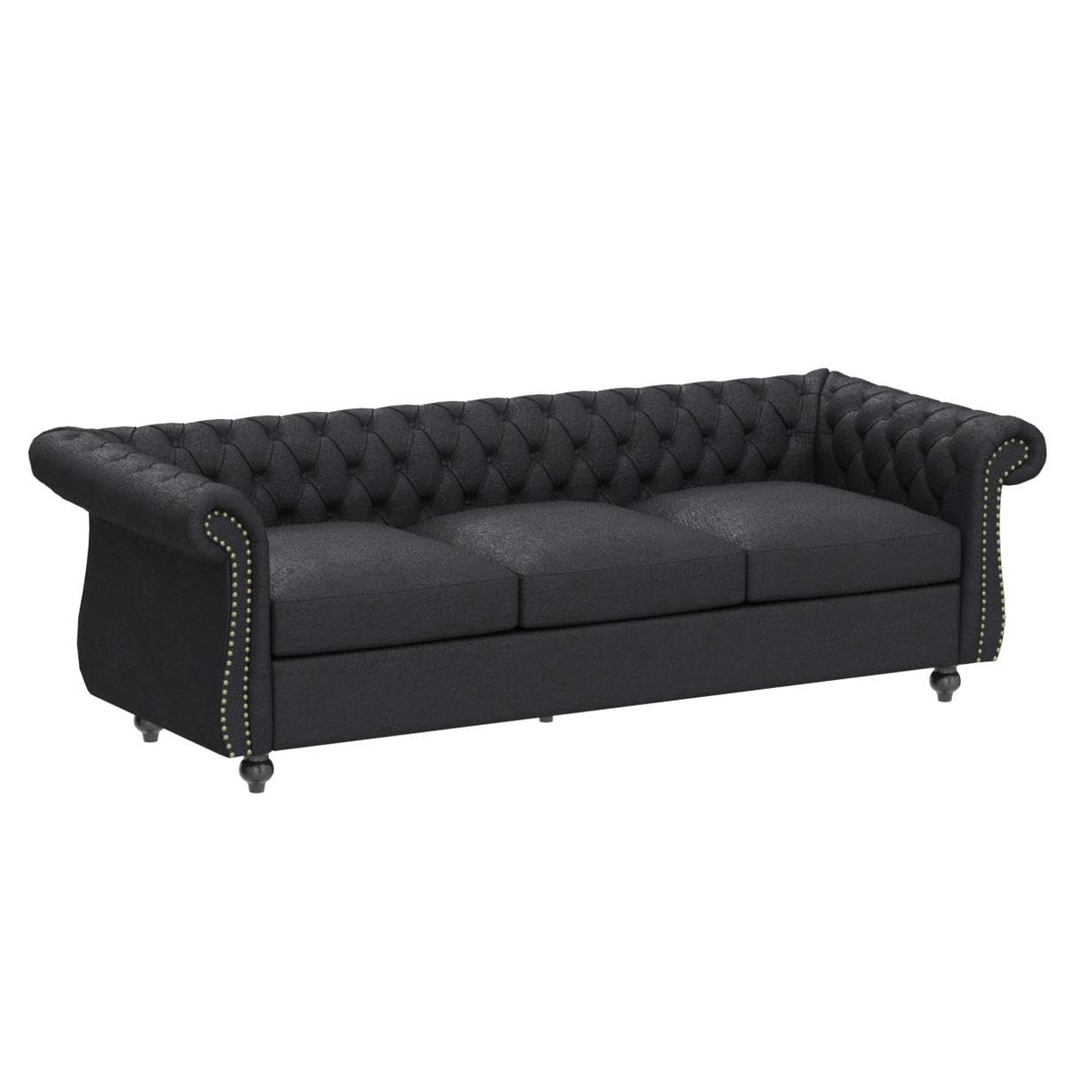 Tufted Microfiber Sofa with Scroll Arms, Black