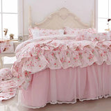 Romantic Roses Print Duvet Cover Set with Bed Skirt Pink Lace Ruffle Floral Shabby