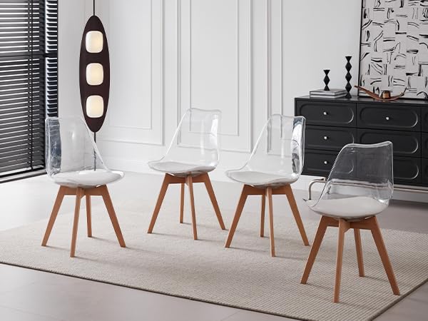 Dining Chairs Set of 4, Clear Acrylic Modern Kitchen Chairs with PU Leather Cushions and Solid Beech Legs for Dining Living Room Bedroom