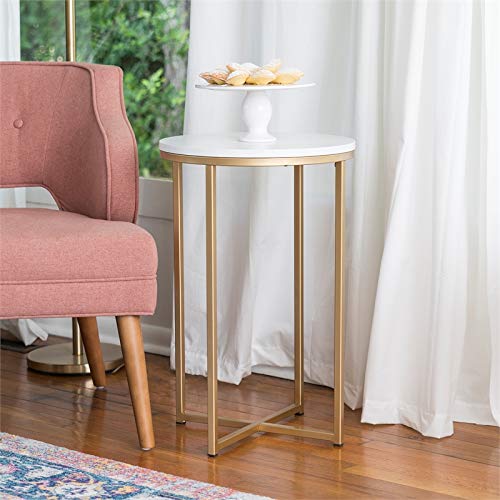 Cora Modern Faux Marble Round Accent Table with X Base, 16 Inch, Marble and Gold