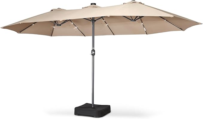 15x9 Ft Double Head Patio Umbrella with Base, 36 LED Lights, Sand Bags