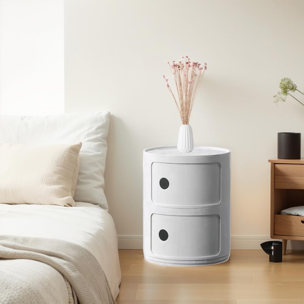 2-Tier Round Bedside Table, Narrow Storage Cabinet, Modern Style Side Table