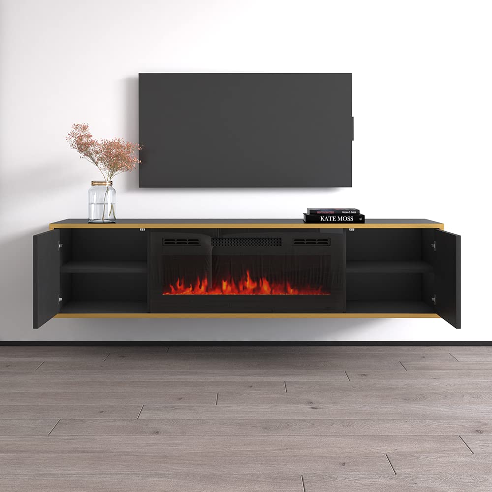 Goldie BL-EF Floating Fireplace TV Stand for TVs up to 75", Modern High Gloss