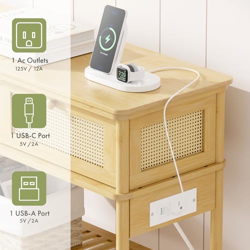 Bamboo Console Table with Drawers and Power Outlets