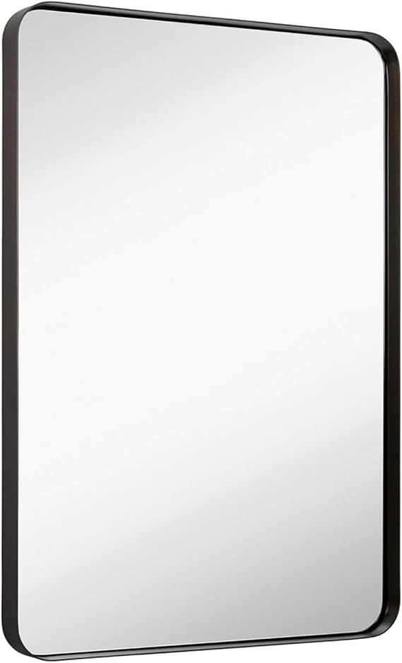 Contemporary Brushed Metal Wall Mirror | Glass Panel Black Framed Squared Corner Deep