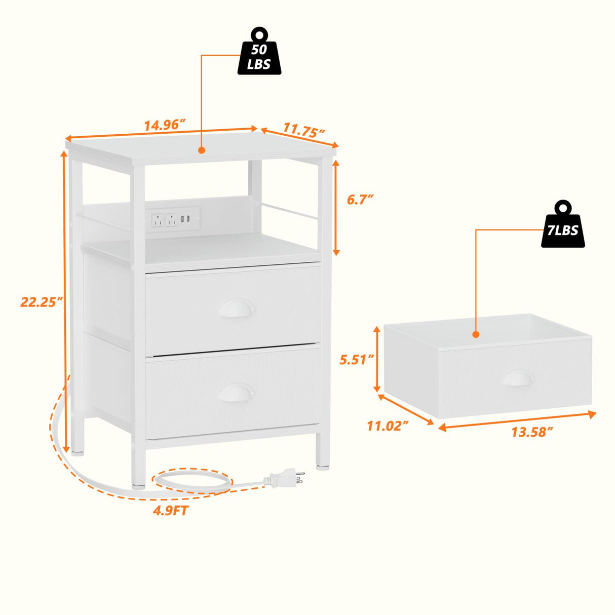 End Table with Charging Station, Nightstand with Fabric Drawers