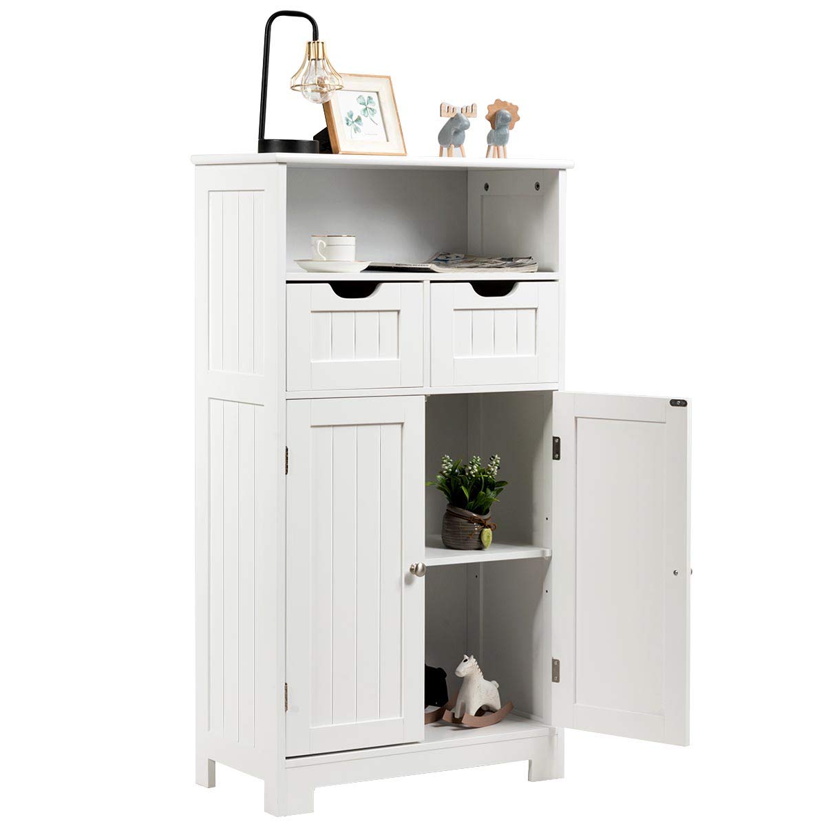 Bathroom Floor Cabinet, Storage Cabinet w/Open Shelf, 2 Doors & 2 Adjustable Drawers,