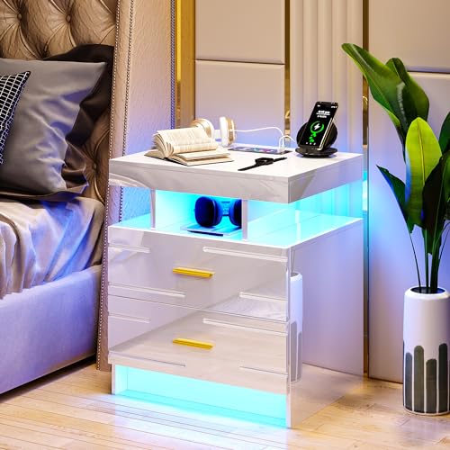 LED Nightstand Set of 2, Modern Night Stand with Wireless Charging Station, High Gloss