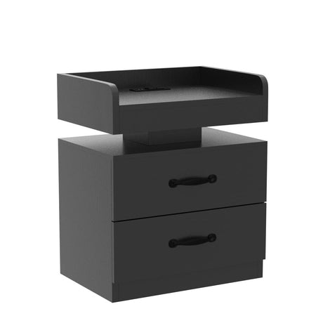 Black Nightstand with Charging Station, Night Stand with LED Lights, Modern Led End