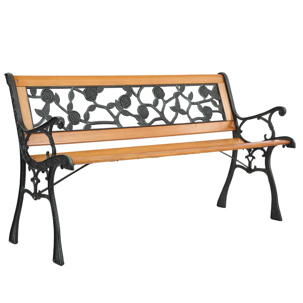 Patio Bench with Backrest and Armrests - Metal and Wood Bench