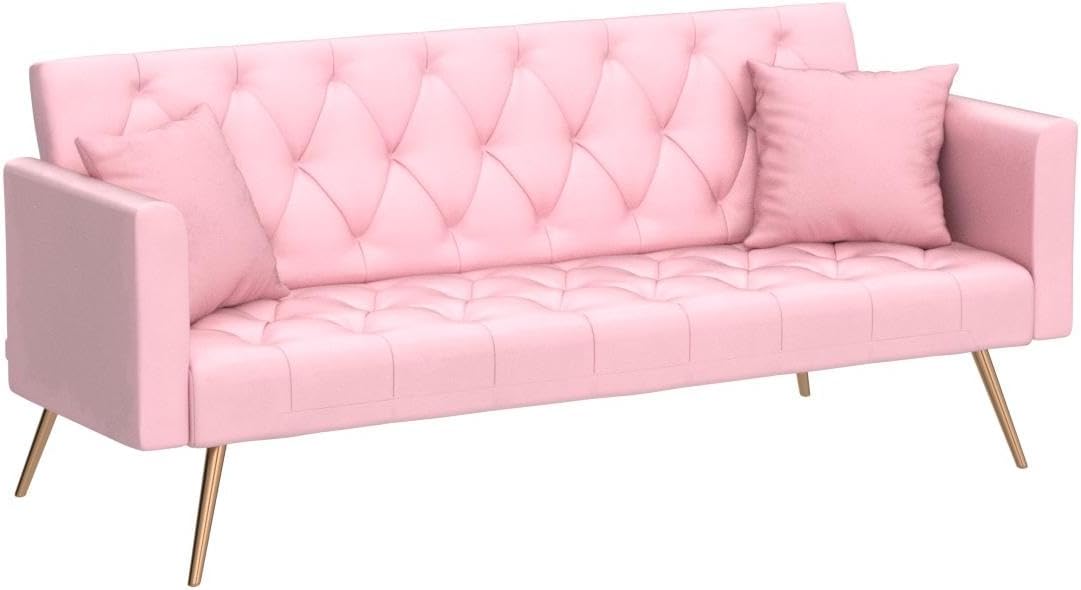 Velvet Futon Sofa Bed with 2 Pillows, Convertible Sleeper Sofa Couch