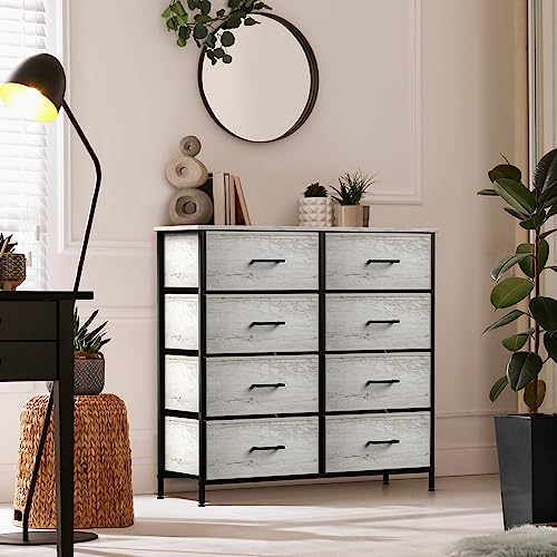 Dresser with 5 Drawers - Chest Organizer Unit with Steel Frame Wood Top & Handle Easy Pull Fabric Bins for Clothes -