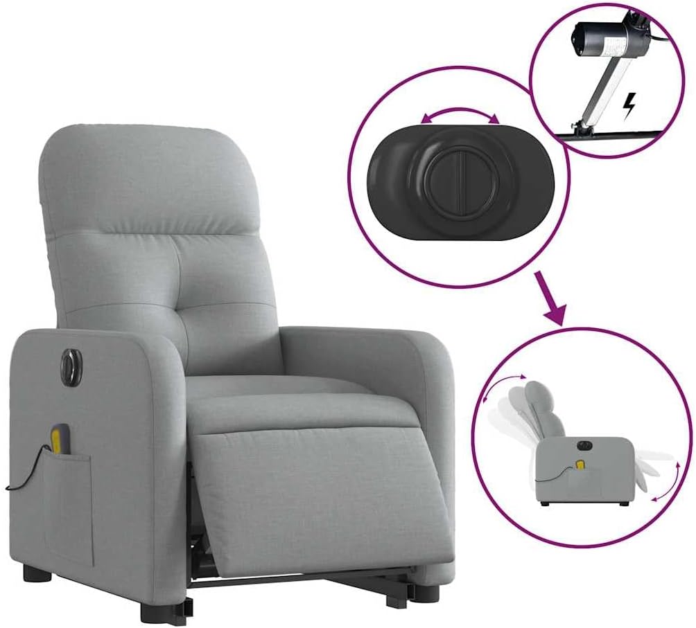 Power Lift Massage Recliner - Light Gray Fabric, Motorized Adjustable Back and Footrest, Vibration Massage, Side Storage Pocket