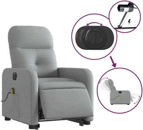 vidaXL Electric Power Lift Massage Recliner - Light Gray Fabric, Motorized Adjustable Back and Footrest, Vibration Massage, Side Storage Pocket