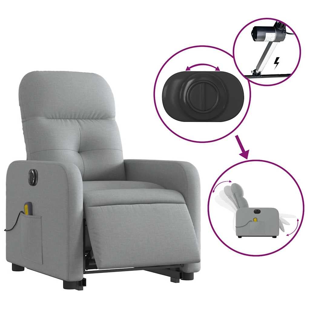 Power Lift Massage Recliner - Light Gray Fabric, Motorized Adjustable Back and Footrest, Vibration Massage, Side Storage Pocket