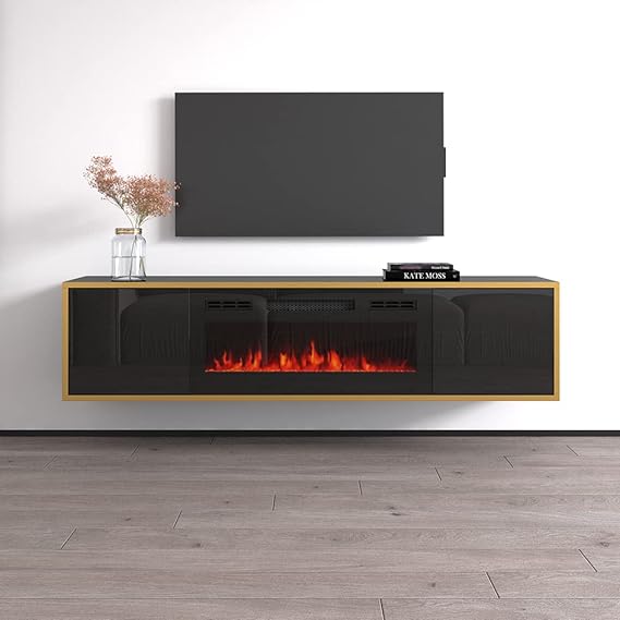 Goldie BL-EF Floating Fireplace TV Stand for TVs up to 75", Modern High Gloss