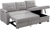 FANYE Linen Upholstery Tufted Sofa&Couch,L-Shaped Corner Reversible Sleeper Sectional Sofa Couch Sofabed w/Storage Chaise,Cupholders, USB Charging Port and Pockets for Living Room Furniture Set