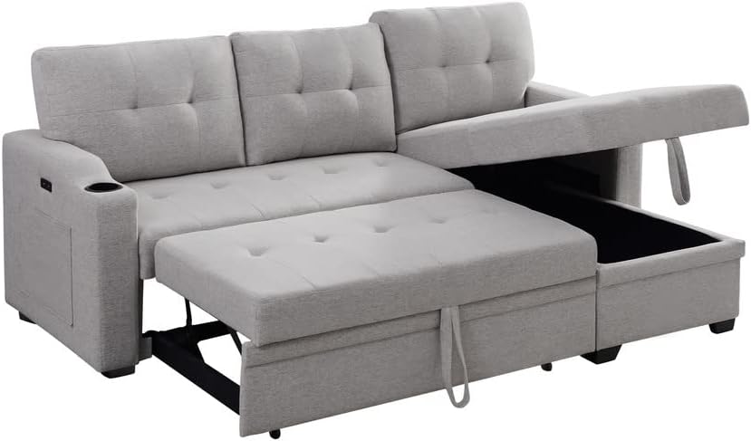 Linen Fabric Sleeper Sectional Sofa Convertible Pull Out Couch Bed