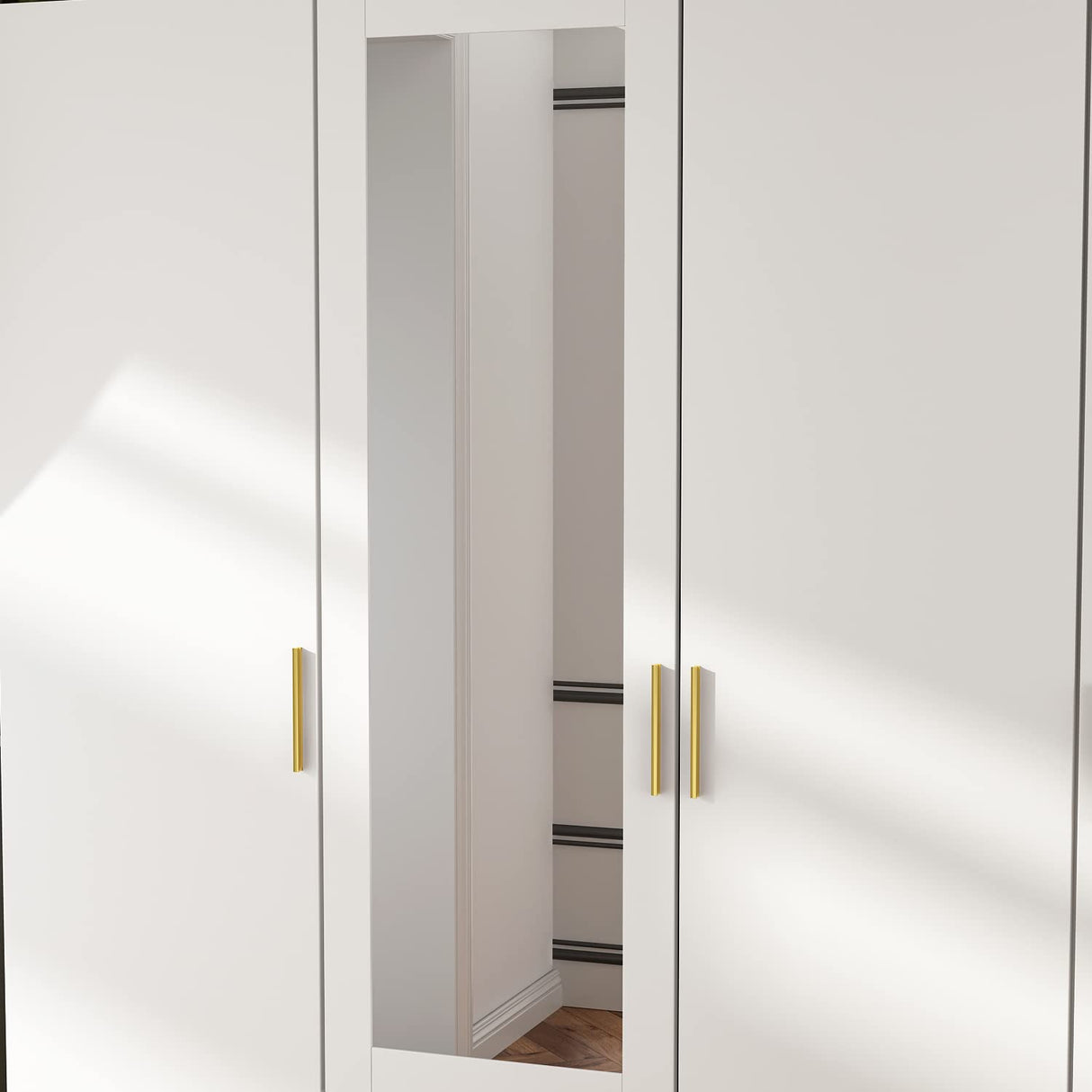 4 Door Wardrobe Armoire Closet with Mirror Door, 63" W Wooden Wardrobe