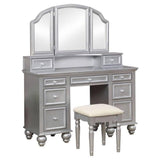 Inch Vanity Desk with Stool, Drawers, 3 Sided Mirror, Wood, Silver and Beige