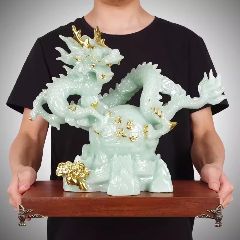 12.2 INCH Chinese Feng Shui Dragon Lucky Jade Color Figurine Statue