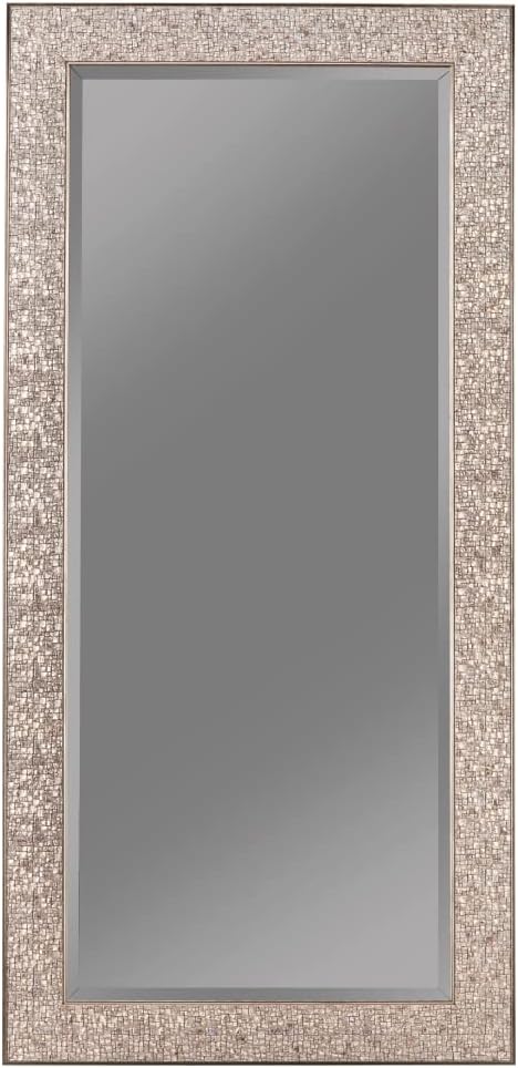 Benjara Rectangular Beveled Accent Floor Mirror with Glitter Mosaic Pattern