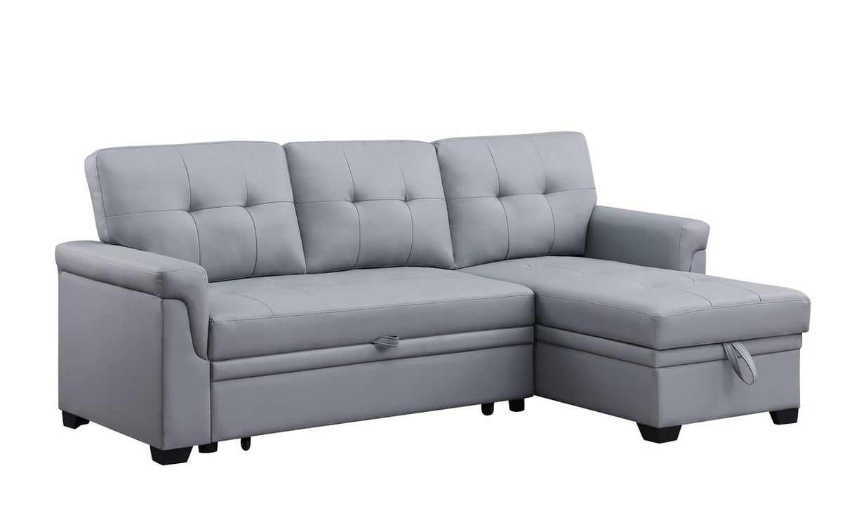 Lexi 83.5" W Gray Vegan Leather Modern Reversible Sleeper Sectional Sofa with Storage