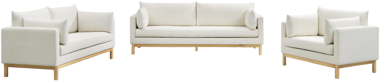 157Cream-L Langham Collection Mid-Century Modern Linen Textured Fabric Upholstered Loveseat, Cream Linen Textured Fabric, Natural Finish Wood Base, 66" W x 33.5" D x 33" H, Cream